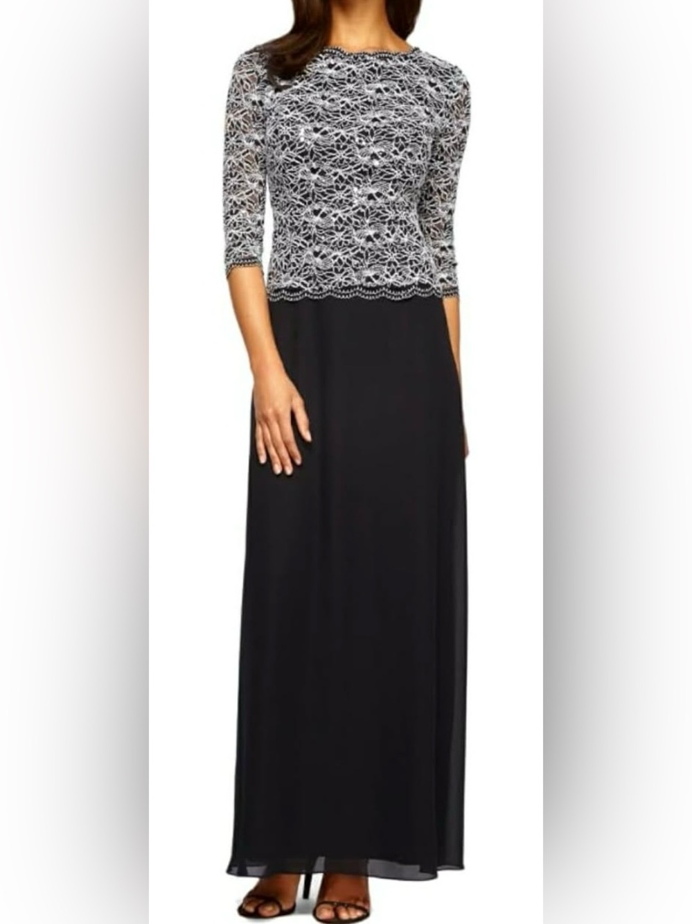 Alex Evenings 3/4 sleeve Black Gown with White Lace Bodice one piece gown NWT 8